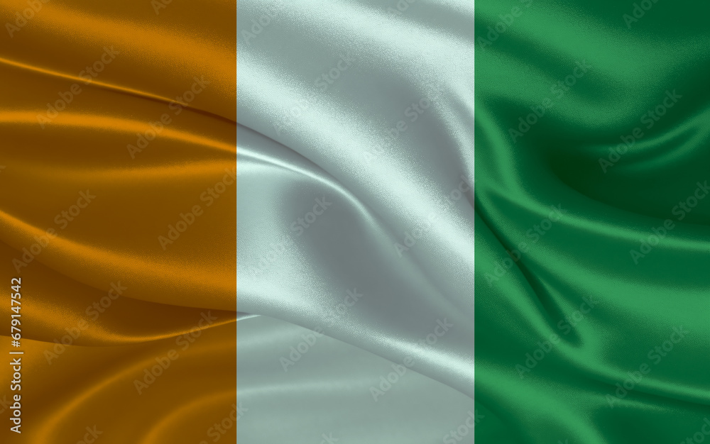 Fototapeta premium 3d waving realistic silk national flag of Cote D'Ivoire. Happy national day Cote D'Ivoire flag background. close up