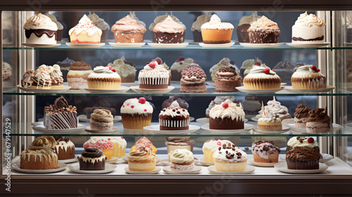 A display case filled with a variety of delicious cakes