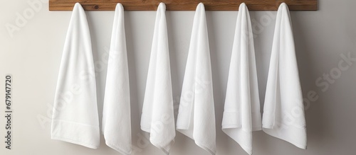 Hanging white towels ready Copy space image Place for adding text or design