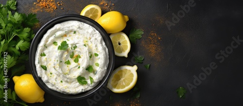 Greek style feta dip with garlic and lemon in a gray bowl top view Copy space image Place for adding text or design photo