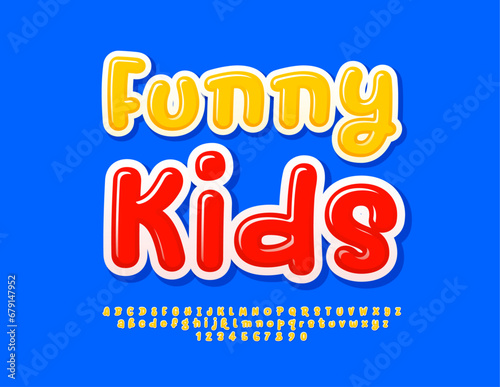 Vector playful sign Funny Kids. Playful Glossy Font. Creative set of Alphabet Letters and Numbers.
