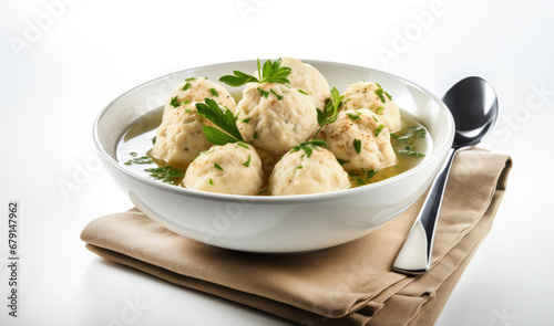 Matzo Ball Soup Isolated on White Background 