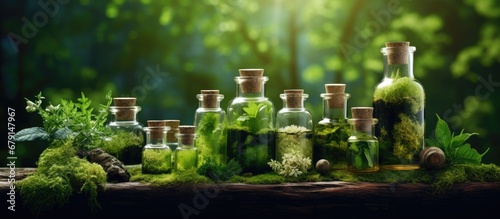Herbal medicine healing herbs in glass bottles on a wooden stump Copy space image Place for adding text or design photo