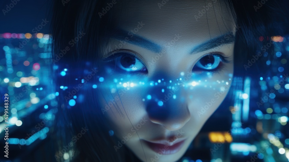 Fashion beauty shooting of gorgeous Asian model closeup. Young beautiful woman posing over night city dramatic blue neon background Fashion beauty shooting of gorgeous Asian model closeup. Young beautiful woman posing over night city dramatic blue neon background