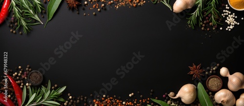 Herbs and spices on black background viewed from above Copy space image Place for adding text or design