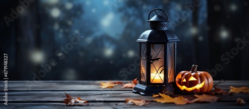 Lantern on old table in spooky Halloween night Copy space image Place for adding text or design