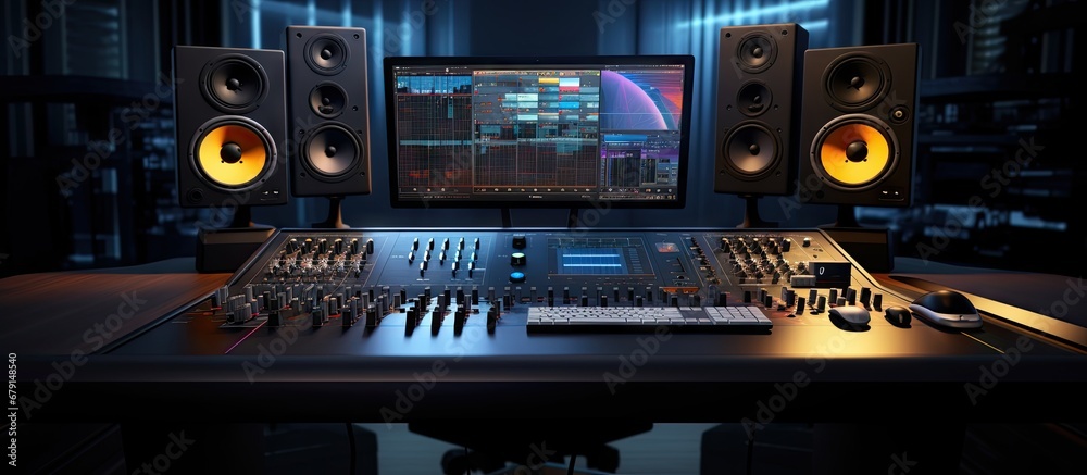 Image of a contemporary music studio control desk displaying DAW software user interface with song playing Includes equalizer mixer and professional gear Copy space image Place for adding text - obrazy, fototapety, plakaty 