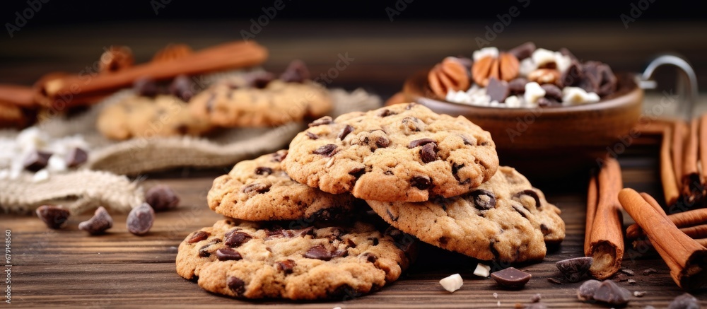 Gluten free oat cookies with chocolate and nuts on a wooden background Healthy baking with ancient grains Copy space image Place for adding text or design