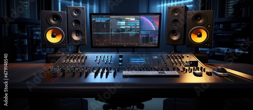 Image of a contemporary music studio control desk displaying DAW software user interface with song playing Includes equalizer mixer and professional gear Copy space image Place for adding text