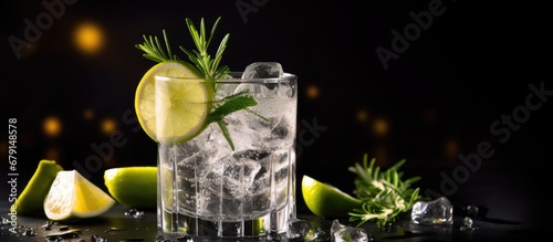 Gin tonic cocktail with gin rosemary tonic lime and ice in wine glass Bar counter tools copy space Copy space image Place for adding text or design photo