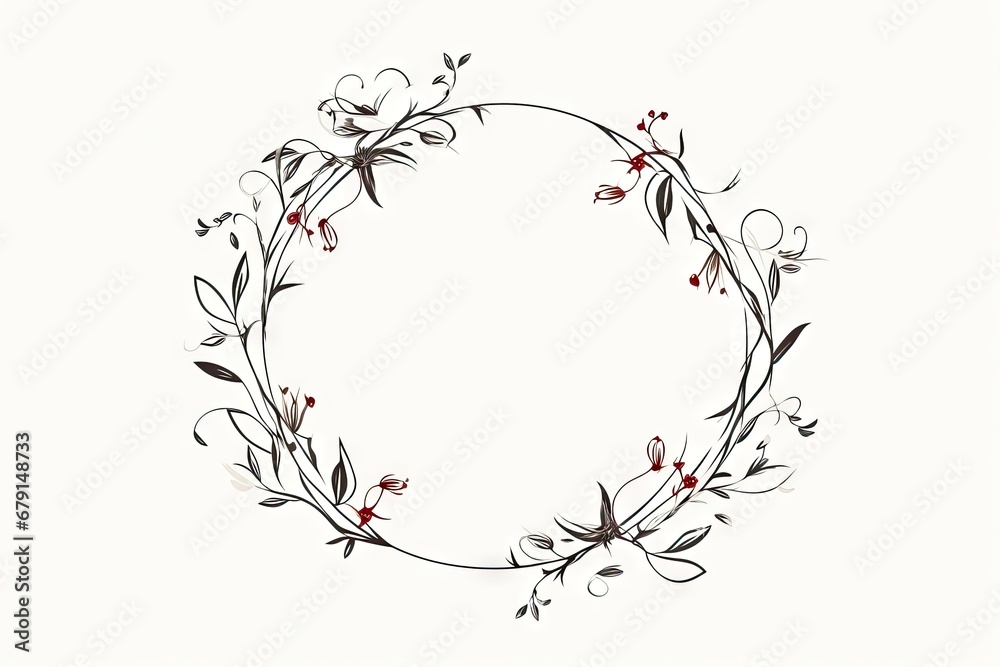Elegance in bloom. Vintage floral wreath for romantic invitations. Whimsical botanical circle. Hand drawn frame in black and white. Nature embrace. Rustic wedding card with round ornament