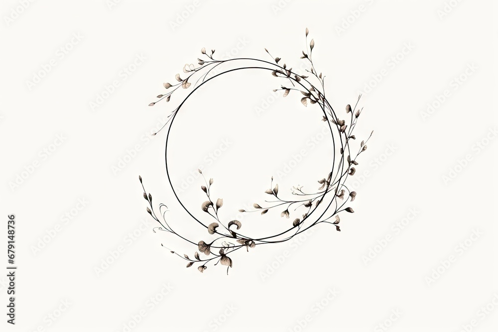 Elegance in bloom. Vintage floral wreath for romantic invitations. Whimsical botanical circle. Hand drawn frame in black and white. Nature embrace. Rustic wedding card with round ornament - obrazy, fototapety, plakaty 