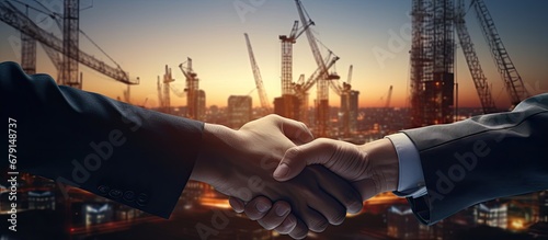 Handshake construction crane building at twilight a symbol of business and commitment in industry Copy space image Place for adding text or design