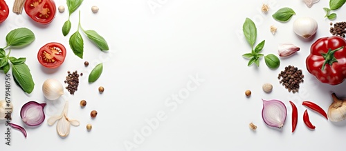 Ingredients Tomato basil spices chili pepper onion garlic Vegan dish creative arrangement on white Fresh basil herb tomato pattern cooking idea from above Copy space image Place for adding text