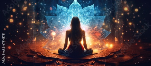 Girl in Lotus position against glowing mandala Trance deep meditation Spiritual journey in universe Copy space image Place for adding text or design photo