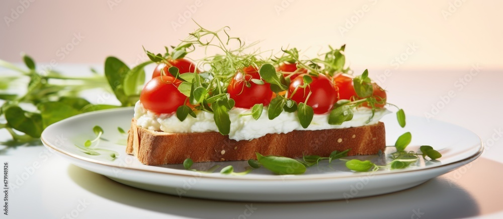 Healthy breakfast idea Cream cheese cherry tomatoes and micro greens on a toasted bun Copy space image Place for adding text or design