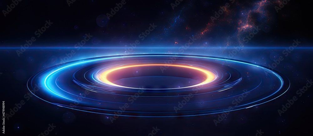 Glowing neon ring moves in a loop on dark galaxy background Abstract ...
