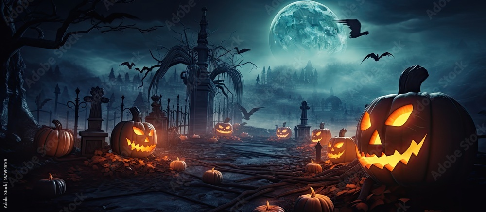 Full moon Halloween night 3D rendered candles and lights illuminate large pumpkins in the old cemetery Copy space image Place for adding text or design