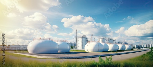 Industrial facility storing hydrogen gas in spherical tanks using ASME technology located under a blue sky Copy space image Place for adding text or design