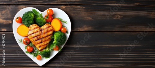 Heart shaped grilled chicken breast placed on a plate with a wooden table in the background representing a love for healthy food on special occasions Copy space image Place for adding text or d