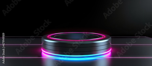 Futuristic display template for product comparison with neon rings on floor and a podium on black background Copy space image Place for adding text or design