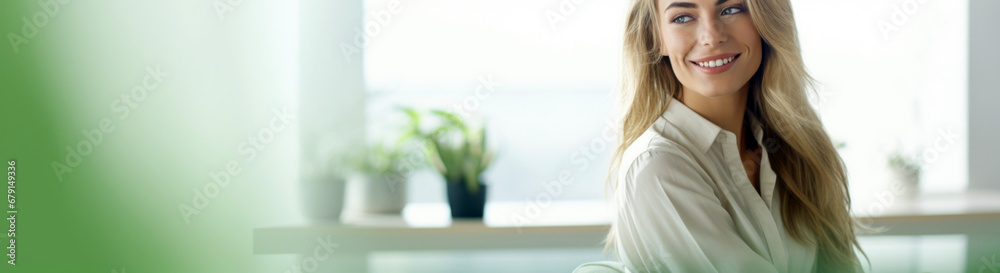 Portrait of beautiful smiling woman in front of window. Copy space. Panorama.