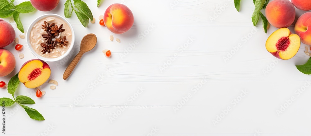 Healthy breakfast concept with muesli fresh peach salad and white background Copy space image Place for adding text or design - obrazy, fototapety, plakaty 