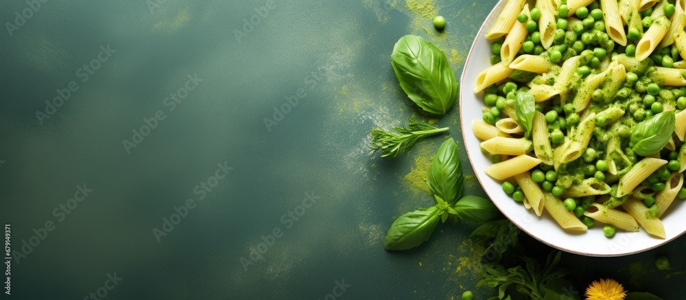 Italian food featuring penne pasta pesto sauce zucchini green peas and basil photographed from above in a flat lay style Copy space image Place for adding text or design - obrazy, fototapety, plakaty 