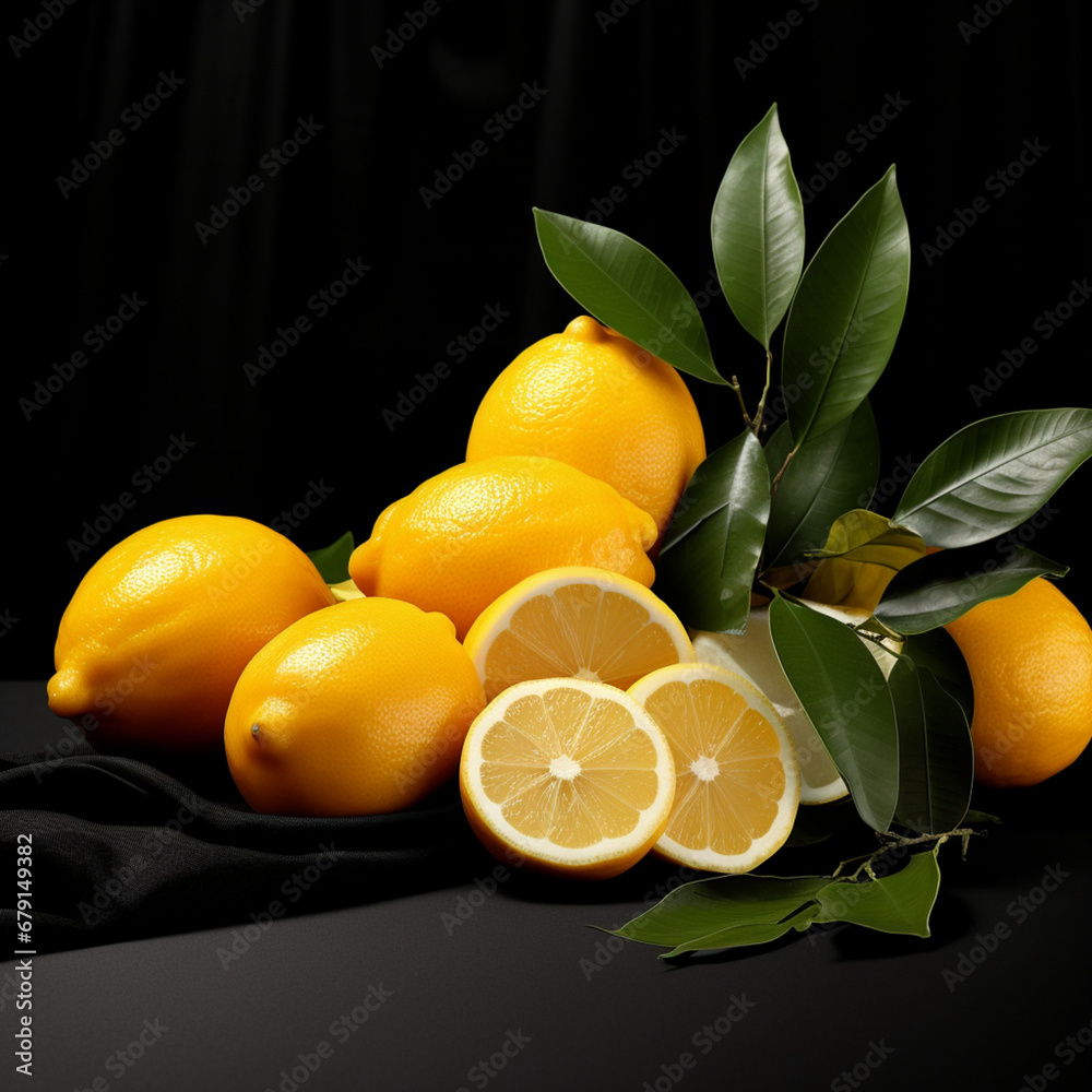 Fotografia con detalle y textura de varios limones, con hojas, sobre fondo de color negro