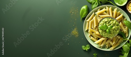 Italian food featuring penne pasta pesto sauce zucchini green peas and basil photographed from above in a flat lay style Copy space image Place for adding text or design