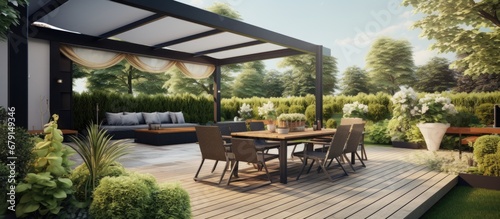 House terrace with synthetic grass flooring tables outdoor seating abundant plants and an extended retractable awning Copy space image Place for adding text or design © Ilgun