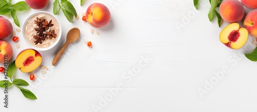 Healthy breakfast concept with muesli fresh peach salad and white background Copy space image Place for adding text or design