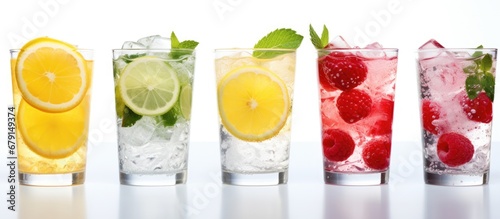 Isolated summer drinks with ice fresh berries lemon and lime on white Copy space image Place for adding text or design photo