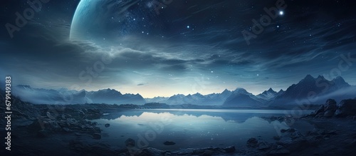 Frozen cracked ice and fog create a night fantasy with a starry sky and moonlit reflections Copy space image Place for adding text or design
