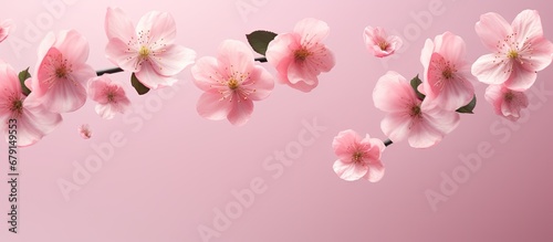 High resolution image of levitating fresh quince blossoms in pink isolation Copy space image Place for adding text or design