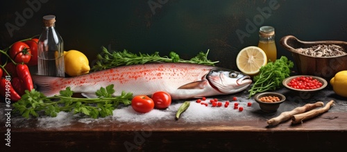 Freshly caught trout ready to be cooked and seasoned for a tasty lunch Copy space image Place for adding text or design