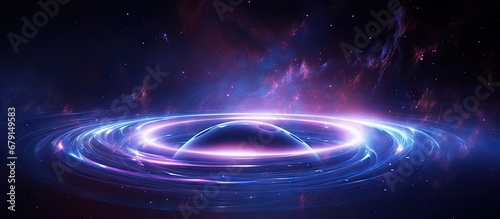 Glowing neon ring moves in a loop on dark galaxy background Abstract neon light circles Laser show in virtual reality outer space with star panorama Copy space image Place for adding text or de photo