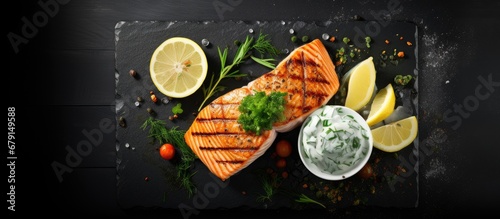Grilled salmon with spinach cream and lemon Copy space image Place for adding text or design photo
