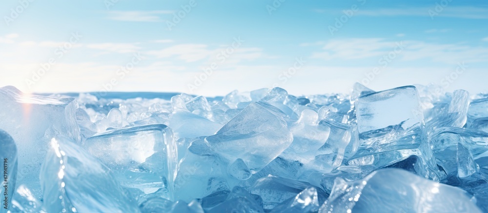 Frigid environment with icy fragments on Lake Baikal Cold backdrop lifeless Copy space image Place for adding text or design