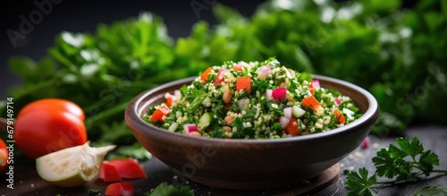 Healthy Mediterranean vegetarian dish made with tabbouleh salad ingredients parsley onions tomatoes bulgur and chickpeas Copy space image Place for adding text or design photo
