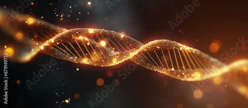 Golden concept 3D render of airborne particles forming DNA model Copy space image Place for adding text or design photo