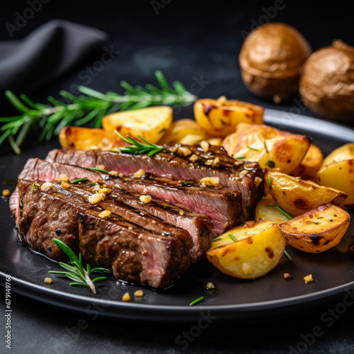 Fotografia con detalle de delicioso entrecot con patatas al horno y condimentos