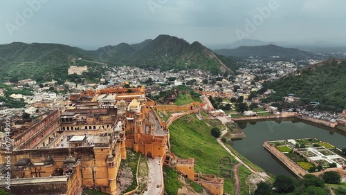 Aerial view of Amer Fort. Amber Fort or Amer Fort in Jaipur, India. Mughal architecture medieval fort made of yellow sandstone. Architecture of India. Jaipur, Rajasthan, India. photo