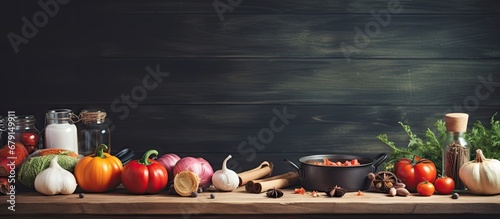 Kitchen table with food utensils and spices Copy space image Place for adding text or design