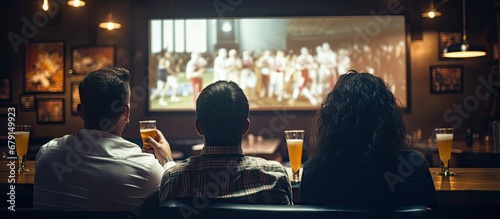 Friends in sports bar watching game on screens from behind Copy space image Place for adding text or design photo