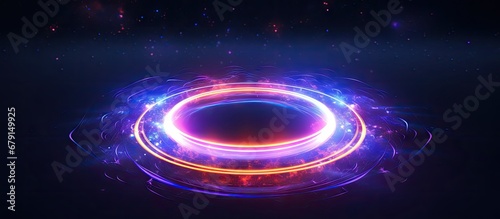 Glowing neon ring moves in a loop on dark galaxy background Abstract neon light circles Laser show in virtual reality outer space with star panorama Copy space image Place for adding text or de