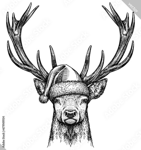 Vintage engraving isolated deer set dressed christmas illustration ink santa costume sketch. Northern reindeer background stag silhouette new year hat art. Black and white hand drawn vector image