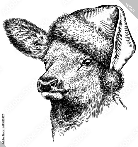 Vintage engraving isolated deer set dressed christmas illustration ink santa costume sketch. Northern reindeer background stag silhouette new year hat art. Black and white hand drawn vector image