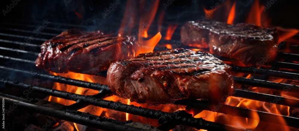 Grilling steaks with fire Copy space image Place for adding text or design Grilling steaks with fire Copy space image Place for adding text or design