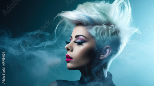 Fashion portrait of sensual female model with smoke dispersion. head with stylish hairstyle in tobacco smoke